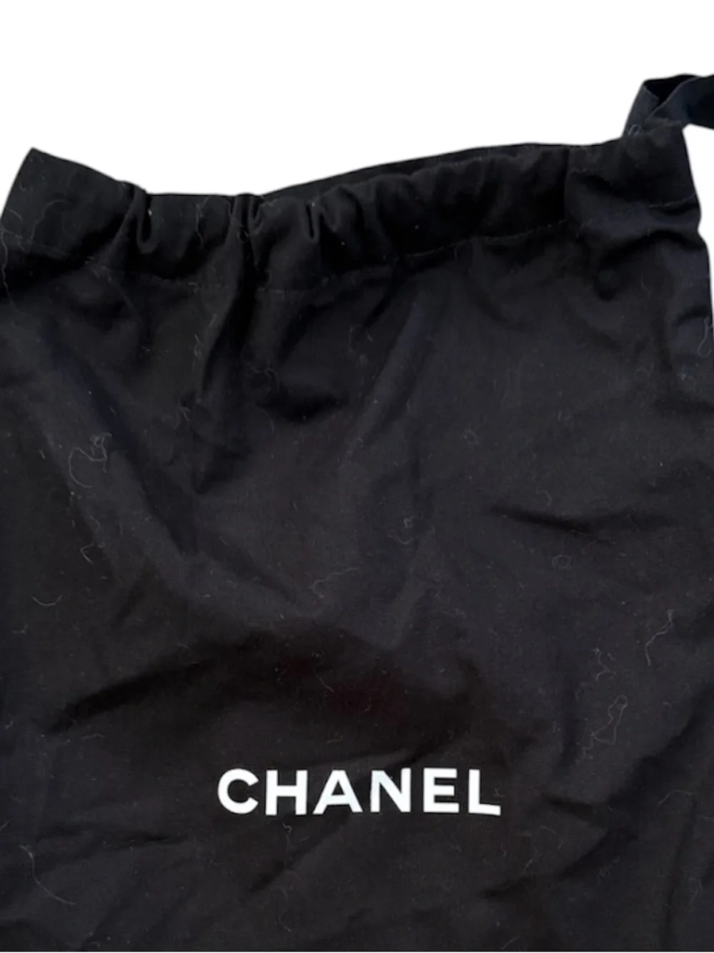 CHANEL Black Drawstring Dust Pouch White Logo Side Tie Small